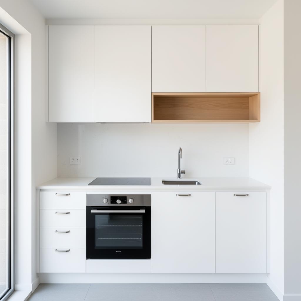 Scandi Galley 2.4m — Scandinavian — flush flat-panel white + oak shelf 3D render