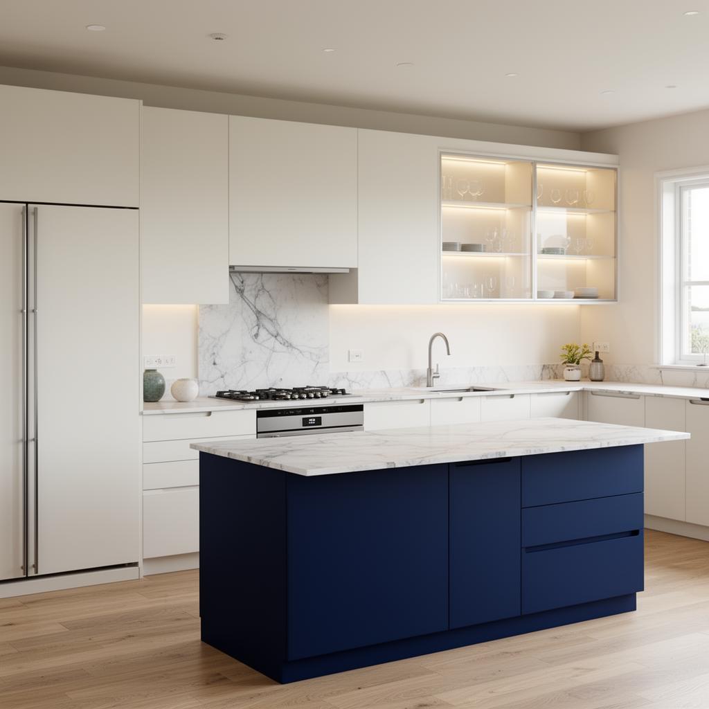 Hamptons Island 3.6m + Island — Modern coastal — flush flat-panel white + navy island, marble look 3D render