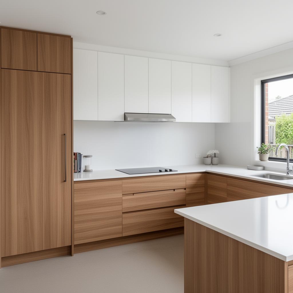 Two-Tone L-Shape 3.0m — Modern two-tone — flush flat-panel white + oak woodgrain 3D render