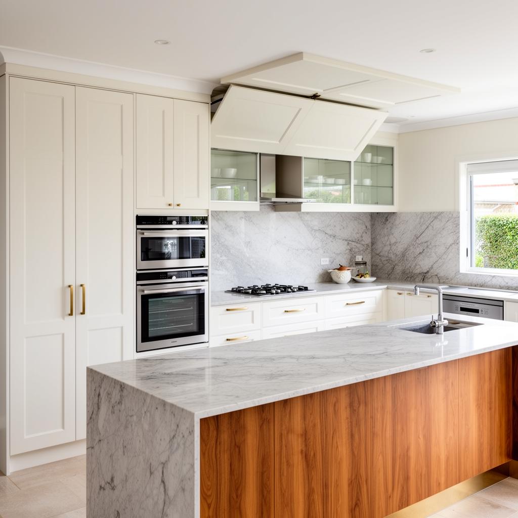 Open Plan + Butlers 5.4m — Luxury shaker — white shaker doors + timber island, butlers pantry 3D render