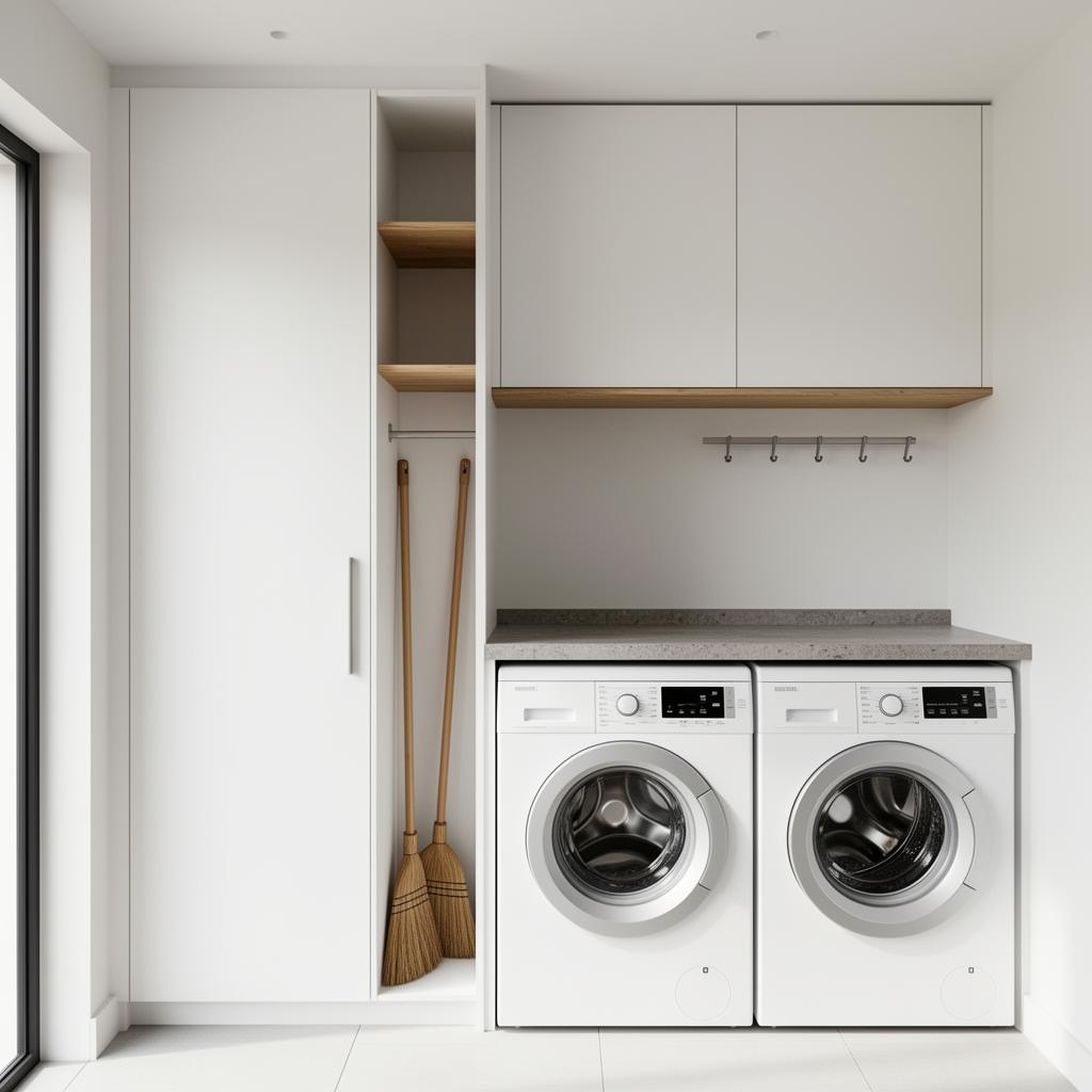 Scandi Side-by-Side 1.8m — Scandi — flush flat-panel matte white, broom tower 3D render