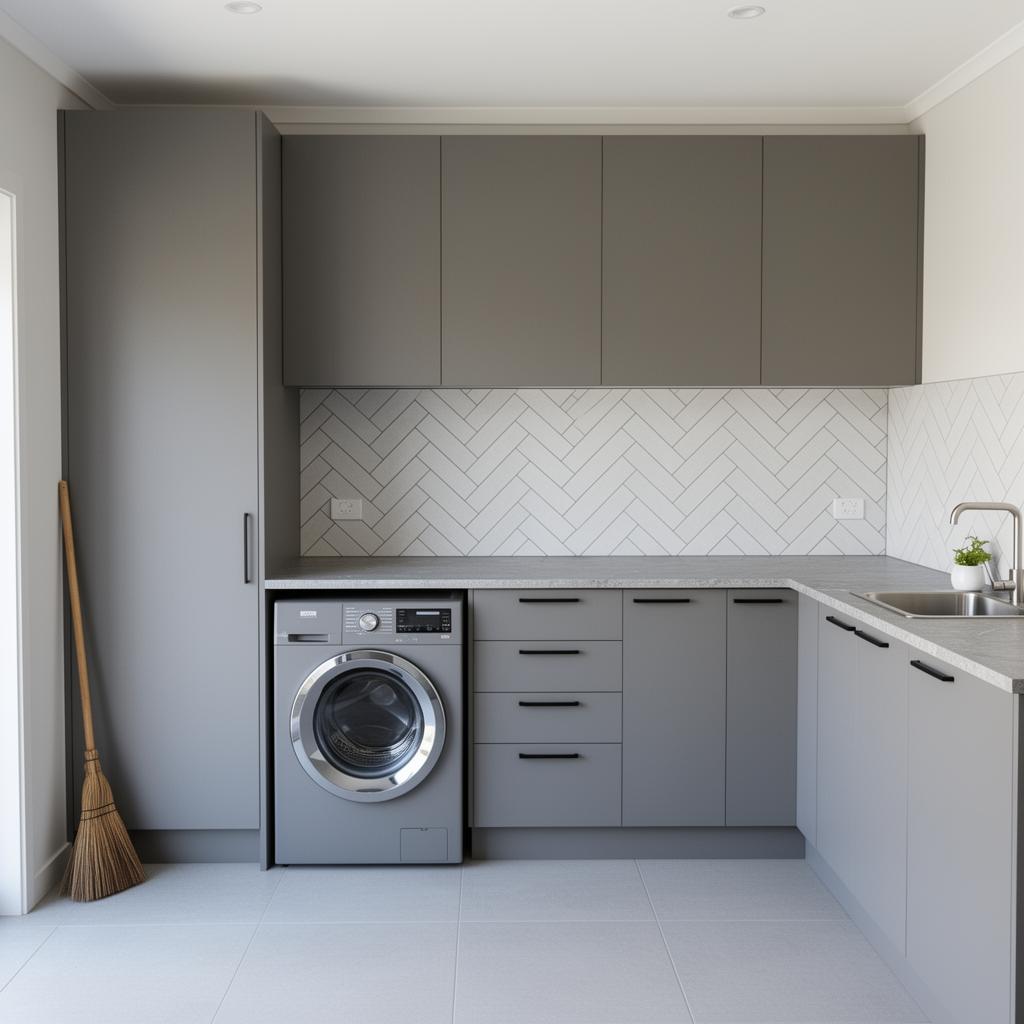 Modern Grey 2.4m U-Shape — Modern — flush flat-panel grey, herringbone splashback 3D render