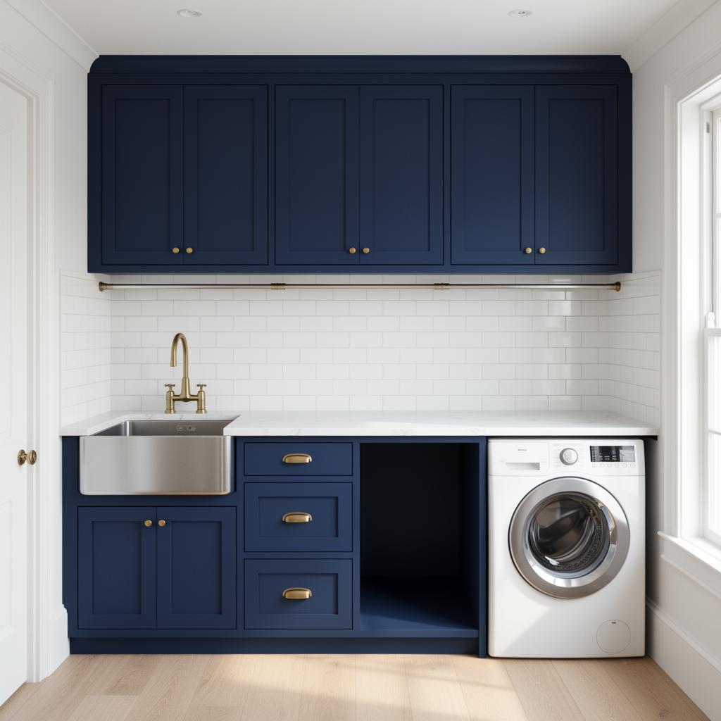 Modern Navy 3.0m — Modern — flush flat-panel navy, brass hardware 3D render