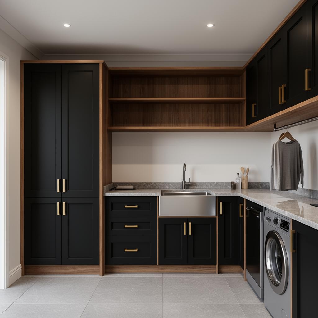 Black Butlers Laundry 3.6m — Luxury shaker — matte black shaker doors + timber accents 3D render