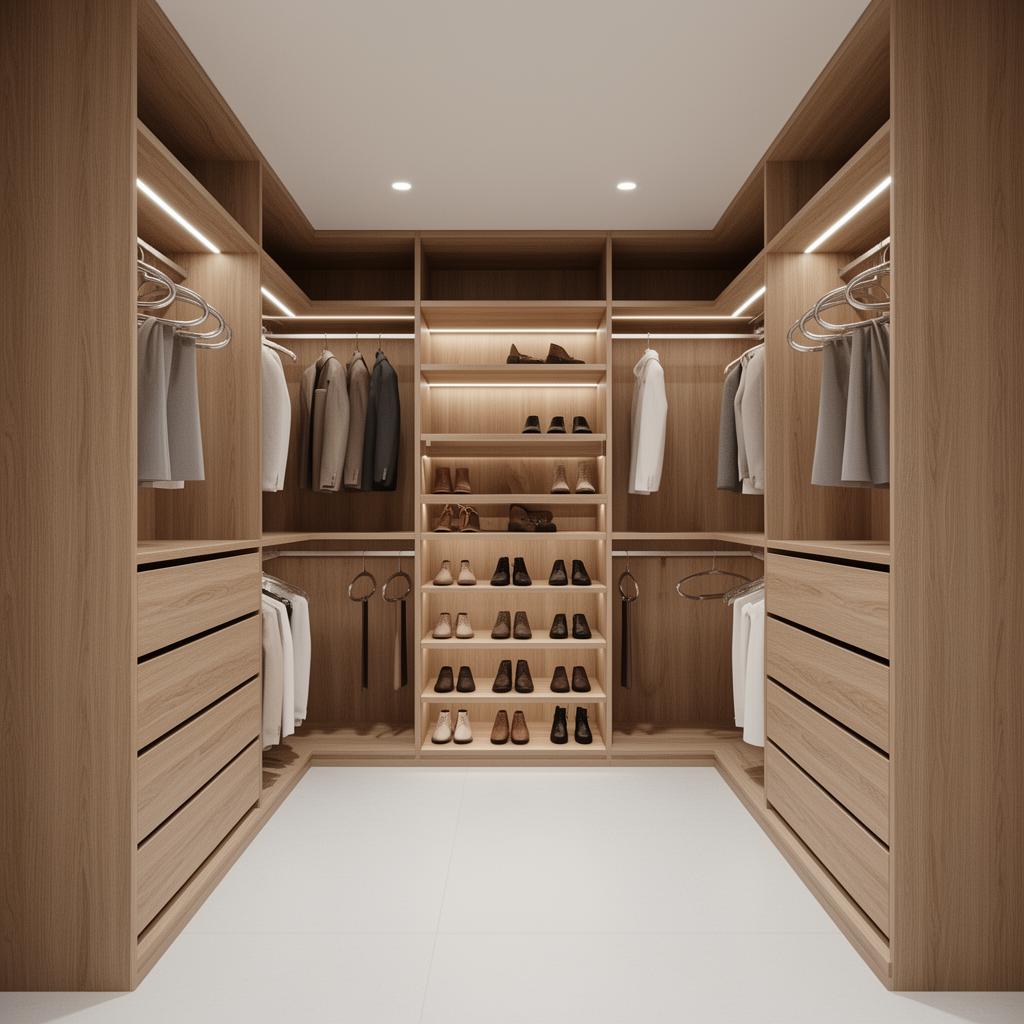 Walk-in Timber Robe 3.6m — Modern — warm oak open shelving, LED 3D render