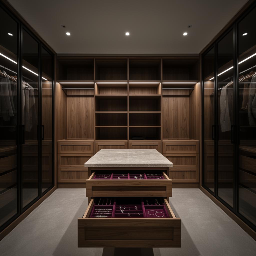 Luxe Walk-in Dressing Room 4.8m — Luxury — black framed glass + timber shaker drawer bank 3D render